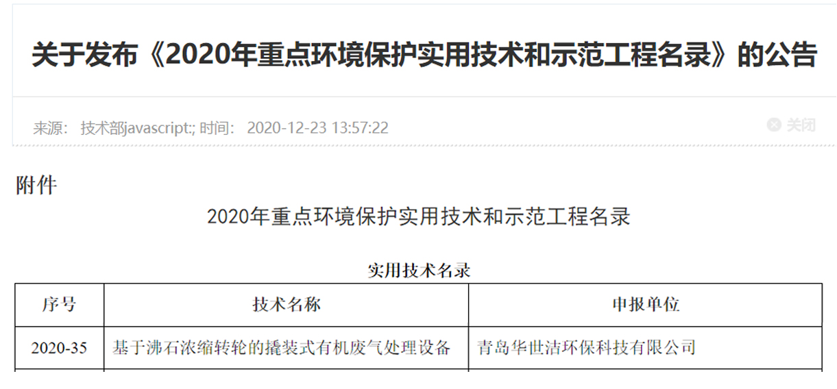 喜訊！華世潔環(huán)保撬裝式一體機(jī)設(shè)備列入《2020年重點環(huán)境保護(hù)實用技術(shù)和示范工程名錄》(圖1)